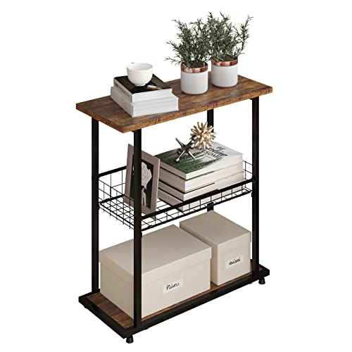 PROXRACER Side Table, 3-Tier End Table, Narrow Sofa Table Bedside Table, Small Nightstand with Storage Shelf for Living Room, Study, Bedroom, Rustic Brown - color: Brown, size: No Fence
