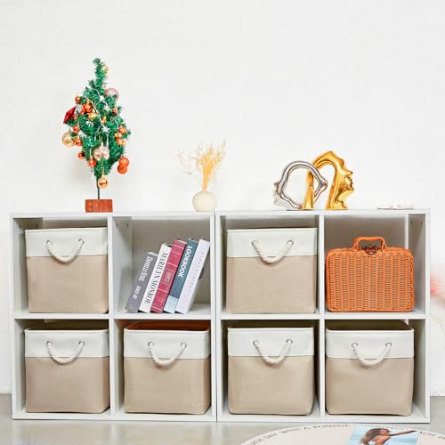 MidmmVick 12 x 12 Inch Cube Storage Bins, 6 Pack Large Collapsible Fabric Storage Bin with Ropes, Foldable Storage Cubes for Home, Office,Closet, Clothes, Toys Organizer (White & Beige) - color: White&Beige-12"x12"x12"