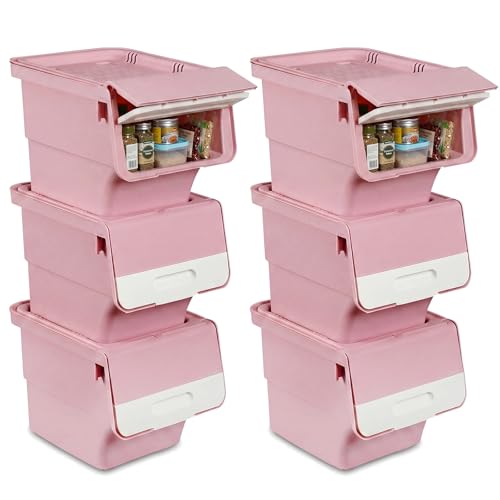 Giantex Plastic Stackable Storage Bins with Lids & Wheels, 6 Pack Open Front Stacking Bins, Organizer Bins for Pantry, Kitchen, Laundry, Closet, Playroom, Bedroom Organization （12.5 QT） - color: White + Pink, size: 6 Pack, 12.5 QT