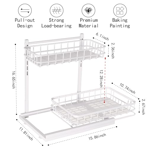 Under Sink Organizer, Adjustable Height Pull-Out Kitchen Storage Organization,15.8" x 11.8" x 16.5", 2-Tier Kitchen Shelf, Bathroom Drawer Organizer, 2 Pack|White - color: White, size: B 2 Pack