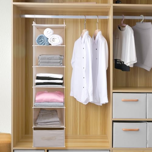 Large Hanging Sweater Organizer for Closet,Collapsible 6-Shelf Hanging Closet Shelves with Drawers, Washable (Beige -6 Shelf-1 d) - color: Beige, size: 6 Shelf with 1 drawers