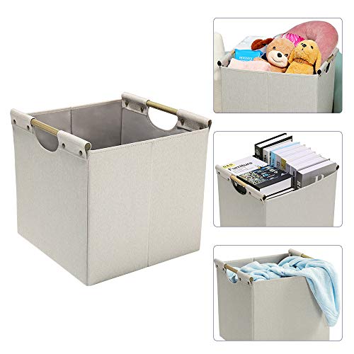 HOONEX Collapsible Storage Bins, 13x13x13in Storage Cubes Linen Fabric, 3 Pack, Storage Baskets with Wooden Carry Handles and Sturdy Heavy Cardboard, for Home, Office, Car, Nursery, Beige - color: Beige, size: 13" L x 13" W x 13" H