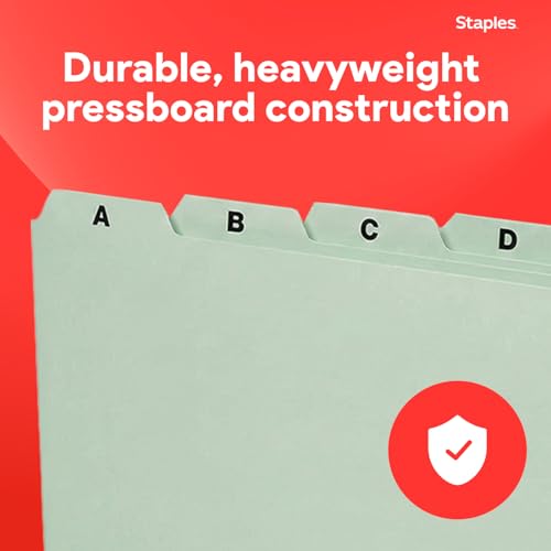 Staples A–Z Index File Guides, Letter Size, Light Green, Durable Alphabetical Filing Tabs for Drawers, Cabinets & Office Organization – 25/Set