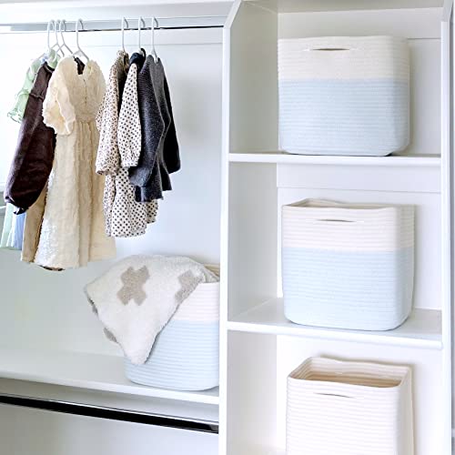 NaturalCozy Storage Cubes 11 Inch Cotton Rope Woven Baskets for Organizing, 3-Pack | Cube Storage Bin | Square Storage Baskets for Shelves Organizer, Classroom, Kids Toy Bins, Closet, Baby Nursery - color: Off White & Mixed Blue