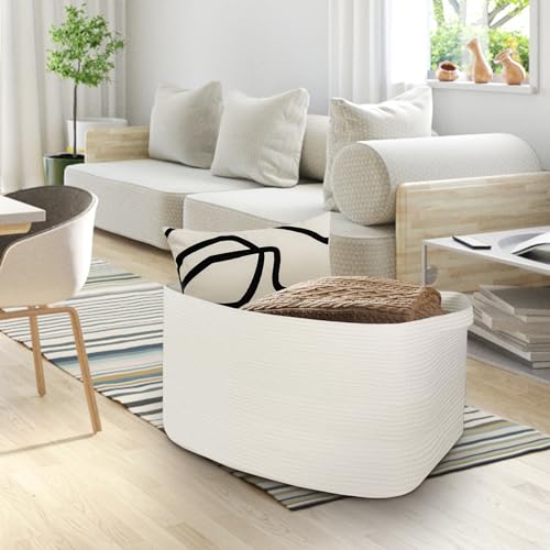 White Baskets for Organizing, 22" X 17" X 12" Rectangle Cotton Rope Storage Baskets, Woven Blanket Basket Living Room, Large Kids Toy Storage Organizer Bins, Baby Wicker Laundry Basket - color: White