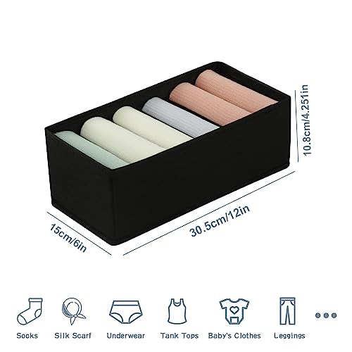Qozary 3 Pack Sock Underwear Drawer Organizer Dividers, Non-Woven Fabric Collapsible Cabinet Closet Storage Boxes for Clothes, Socks, Lingerie, Underwear, Tie, Belt, Baby, Bedroom (Black, 6 Cells) - color: Black, size: 6 Cells