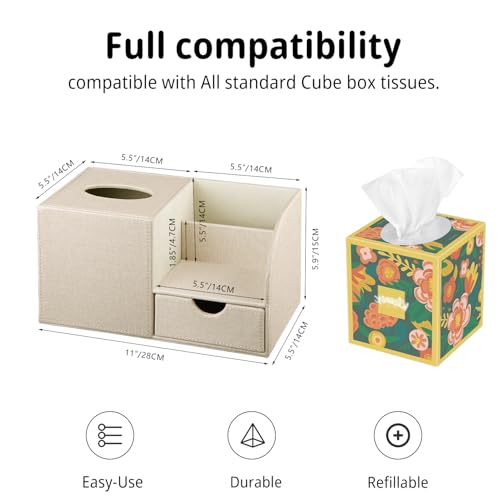 Nightstand Organizer with Tissue Holder,PU Leather Square Tissue Box Cover,Modern Facial Paper Organizer Storage Box for Remote Control,Bathroom,Vanity Countertop,End Table Home Office.Beige - color: Beige