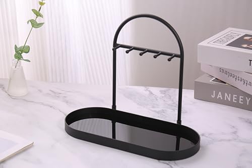 Shinpuru Metal Jewelry Organizer Stand & Key Holder Tray with Acrylic Base, Key Stand and Jewelry Tray with 5 Hooks, Perfect Bowl, Valet, Key Tray, Ring Holder, Jewelry Dish(Matt Black) - color: Matt Black