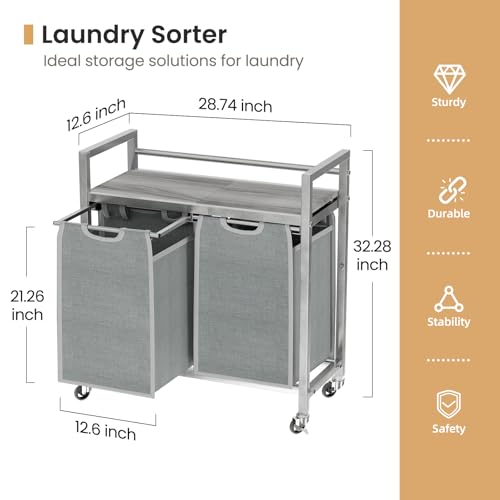 SwaaVee Laundry Hamper, Laundry Basket, Laundry Sorter with 3 Removable Bags, Clothes Basket with 3 Compartments, Wheels, Shelf for Laundry Room Bathroom Bedroom (2 Bags-Gray) - color: 2 Bags-Gray