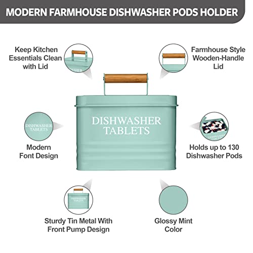 Calindiana Modern Farmhouse Metal Dishwasher Pods Container with Lid for Kitchen Organization and Storage, Kitchen Essentials Decor Accessories, Dishwasher Pods Holder, Mint - color: Mint