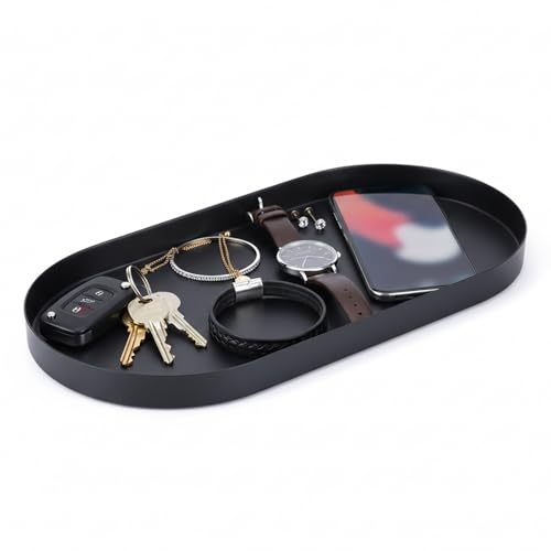 Oval Key & Wallet Tray, 12"x6"x0.8" Metal Valet Trays for Entryway Table, Minimalist Catch All Dish for Keys, Wallet, Jewelry, Black