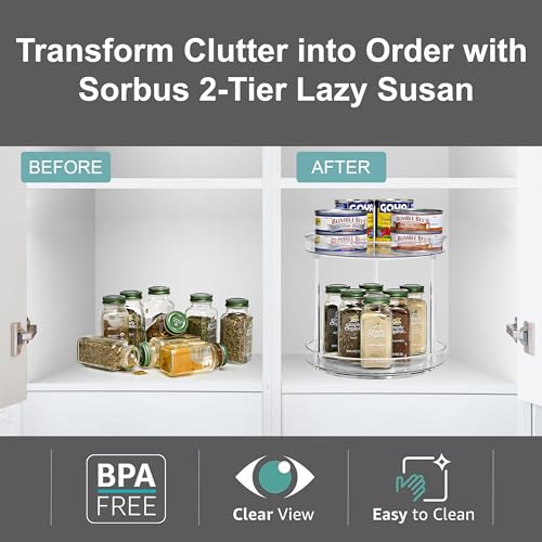 Sorbus 9 Inch 2 Tier Clear Lazy Susan Organizer, Turntable Organizer for Spice Organization for Cabinet, Lazy Susan Turntable for Kitchen, Home, Office, Closet, Classroom, Laundry Room Organization - size: 2 Tiered