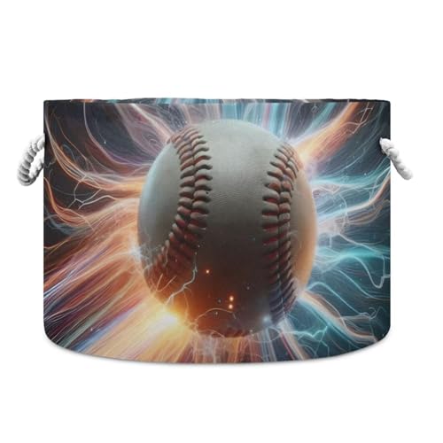 Baseball Print Round Storage Basket Sport Lightning Ball Large Laundry Hamper 20 x 20 x 14 Inches Organizer Bin with Cotton Rope Handles Clothes Storage Bag for Nursery Bedroom Living Room Decor - color: White and Red