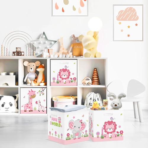 Clastyle Jungle Animal Kids Storage Cube Organizer Set Tree Closet Clothes Cube Storage Bin Nursery Toddler Toy Box Chest Boys Girls Book Shelf Basket,Pink,11.8x11.8x11.8 in - color: Pink