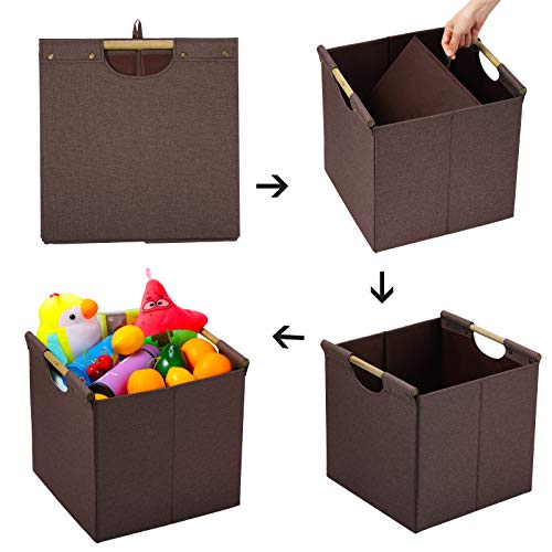 HOONEX Collapsible Storage Bins, 13x13x13 Inches Storage Cubes Linen Fabric, 3 Pack, Storage Baskets with Wooden Carry Handles and Sturdy Heavy Cardboard, for Home, Office, Car, Nursery, Brown - color: Brown, size: 13" L x 13" W x 13" H
