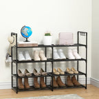 2 Rows 4 Tier Shoe Rack, Black Metal Stackable Shoe Shelf with Multifunctional Hooks, Hold 16-20 Pairs, Space Saving Shoe Organizer for Closet, Bedroom - size: 2 Row 4 Tier