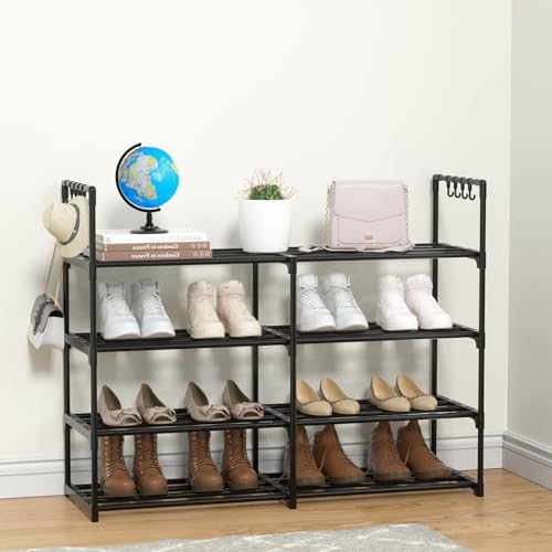 2 Rows 4 Tier Shoe Rack, Black Metal Stackable Shoe Shelf with Multifunctional Hooks, Hold 16-20 Pairs, Space Saving Shoe Organizer for Closet, Bedroom - size: 2 Row 4 Tier