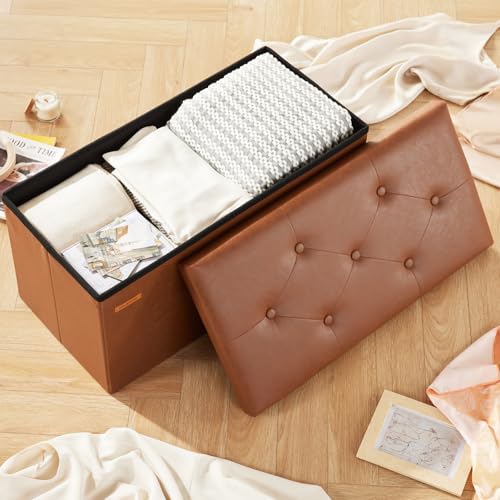 HAUSFRAU - Storage Ottoman Bench, 30 Inches Button Tufted Upholstered Ottoman Footstool with Storage for Living Room Bedroom Entryway, Load 660 lb, Synthetic Leather, Brown - color: Retro Brown, size: 15"D x 30"W x 15"H