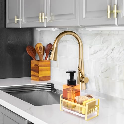 HULISEN Kitchen Sink Sponge Holder, 304 Stainless Steel Kitchen Soap Dispenser Organizer, Countertop Drainer with Removable Tray, not Including Dispenser and Brush, Gold - color: Gold, size: Medium