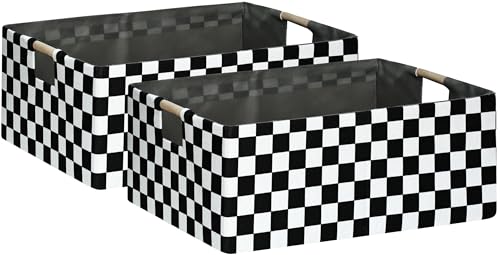 Checkered Storage Basket Foldable Nursey Box | 16.9" Storage Cube for Women Closet Organizer Boys Car Toys Bins with Handles | Sturdy Cardboard & Washable Fabric 2Pack - color: Racing Flag