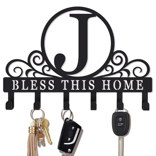 Metal Letter J Key Holder for Wall, Decorative Metal Key Holder Wall Mount, Key Hooks Coat Rack Monogram Wall Decor, Perfect for Bathroom, Living Room, Kitchen, Anniversary Housewarming Gift - style: J