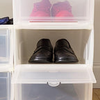 IRIS USA Stackable Shoe Storage Box with Latch Drop Front Door, 6-Pack, for Scarf Game Organizer Container with Ventilation Holes for Closet Under Bed Entryway Storage, Strudy, Wide, Clear - size: 18 Qt Drop Front - 6 Pack