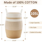 105L Extra Large Woven Laundry Hamper Basket with Heavy Duty Cotton Rope Handles for Clothes and Toys in Bedroom, Nursery Room, Bathroom - color: Khaki