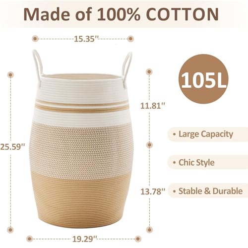 105L Extra Large Woven Laundry Hamper Basket with Heavy Duty Cotton Rope Handles for Clothes and Toys in Bedroom, Nursery Room, Bathroom - color: Khaki