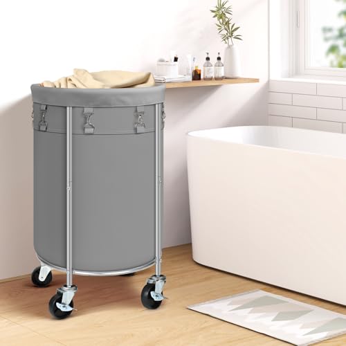 Laundry Hamper with Wheels, 100L Round Rolling Laundry Basket Sorter with Removable Bag, Clothes Cart Organizer with Steel Frame for Bedroom, Bathroom, Laundry Room, Grey - color: Grey