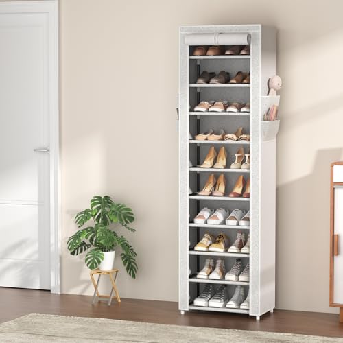 VTRIN Vertical Narrow Shoe Rack Organizer Tall Shoe Rack for Closet Entryway 10 Tier Non-Woven Cover Shoe Shelf Holds 20-22 Pairs Free Standing Shoe Storage Cabinet with Dustproof Cover, Multi Color - color: Multi Colo, size: 17.7"W x11.8"D x 68.9"H