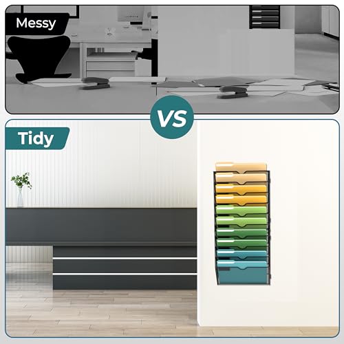 SUPEASY 10 Tier Wall File Organizer, Hanging Wall Mounted Mail Organizer with Label Slots, Metal Mesh File Holder Magazine Rack for Office, Home, School or Classroom, Black - color: Black, size: 10-Tier