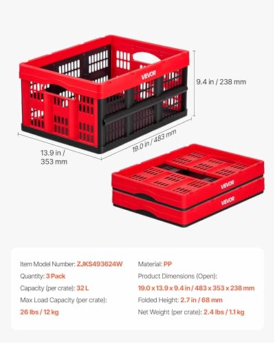 VEVOR Plastic Collapsible Storage Bins, 32L 3 Packs, Stackable Folding Storage Crates with Handles, Holds 26 lbs Per Bin, Foldable Heavy Duty Containers, Space-Saving Baskets, for Home Organizing - size: 32L-Red-3PC
