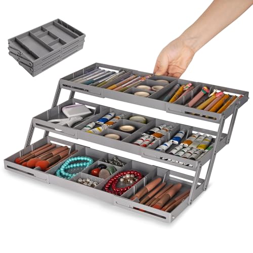 3 Tier Drawer Organizer - Expandable Junk Drawer Organizers Smart Office Supply Organizer, Folding Drawer Storage Multi-level Desk Organizer for Makeup,Jewelry,Cosmetics,Kitchen Storage (1 Row 3 Tier) - color: Grey, size: 1 Row 3 Tier