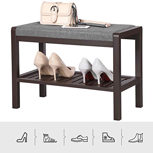 SONGMICS Shoe Rack Bench with Cushion Upholstered Padded Seat, Storage Shelf, Shoe Organizer, Holds Up to 350 lb, Ideal for Entryway Bedroom Living Room Hallway Garage Mud Room Gray and Brown ULBS65C - color: Gray + Brown