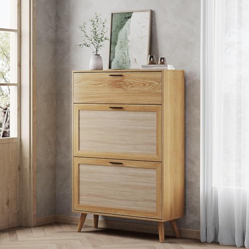 MU Natural Rattan Shoe Cabinet, Entryway Shoe Cabinet with 2 Flip Drawers and Hidden Cabinet, Boho Shoe Organizer Cabinet, Wooden Shoe Storage Cabinet for Entrance, Hallyway, Natural - color: Rattan, size: 2 Drawers