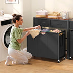 Laundry Sorter 3 Section with Tabletop & 2 Drawers, Rolling Laundry Hamper with Pull-Out and Removable Bags, Laundry Basket Organizer with Wheels and Shelf, Metal Frame Rustic Brown for Laundry Room - size: 155 L