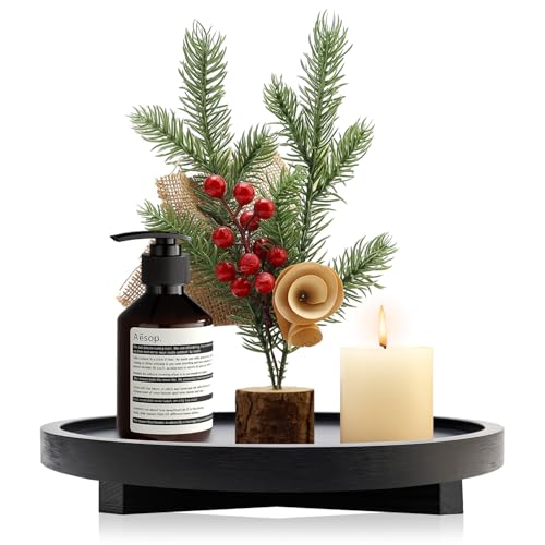 Black Decorative Wooden Tray for Kitchen Counter Bathroom Accessories Sink Vanity Trays Wood Riser Candle Pedestal Stand for Perfume Soap Trays Round Dining Coffee Table Small Rustic Home Decor Tray - color: Black, size: 10 inch