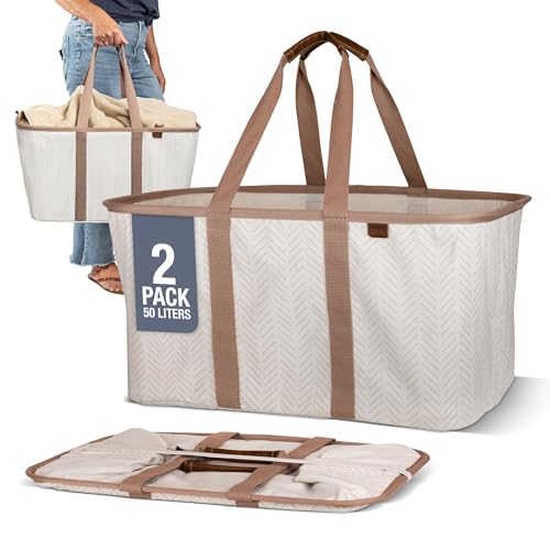 CleverMade Collapsible Laundry Tote 2-Pack (50L) – Foldable Carry-All Storage Bin for Laundry, Car Trunk, RV, Dorm & Home Organization – LUXE Cotton Blend with Vegan Leather Accents, Cream - color: LUXE Cream Herringbone
