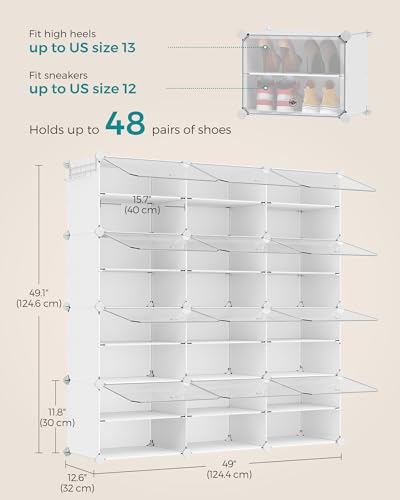 SONGMICS Shoe Rack Organizer, 12-Tier Shoe Storage Cabinet for Closet and Entryway, Holds 48 Pairs of Shoes, Adjustable, Cloud White and Trasparent ULPC040W01 - color: Cloud White + Trasparent, size: 12 Cubes