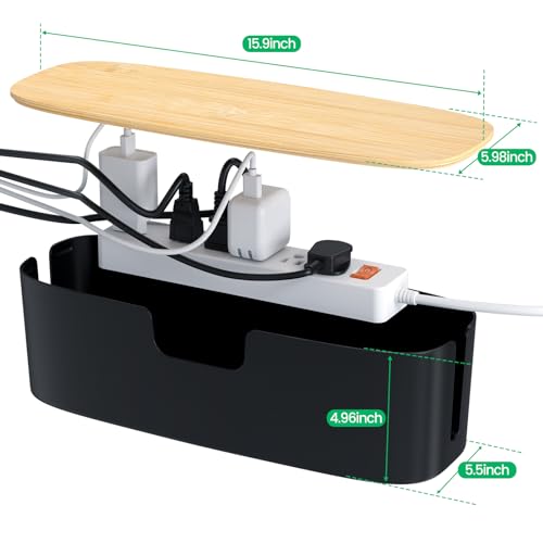 Large Cable Management Box - Cord Organize Box with Bamboo lid for Safe Home & Office, Cord Hider for Power Strip Under Desk, Cover TV Wires, Child & Pet Proof Cord Box, Black