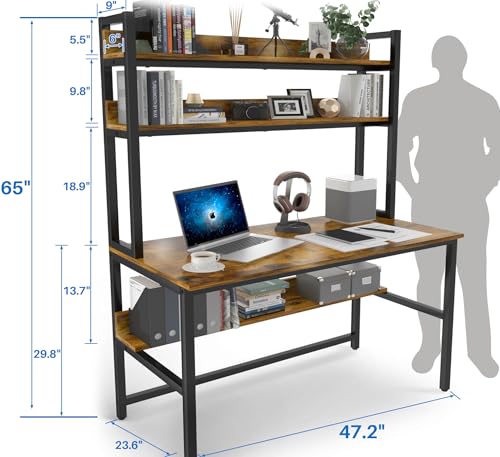 Aquzee Computer Desk with Hutch, 47“W x 23.6" D Desk with Shelves, Tall Home Office Desk with Bookshelf, Metal Legs Study Table with Upper Storage Shelf for Study Writing/Workstation - color: Brown, size: 47inch