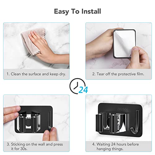 homeasy Mop Broom Holder No Drill, Mop Broom Organizer Wall Mounted Heavy Duty with Hooks Hanger, Self Adhesive Stainless Steel 4Pcs for Bathroom, Kitchen, Office (Multicolor) - color: Black Mix