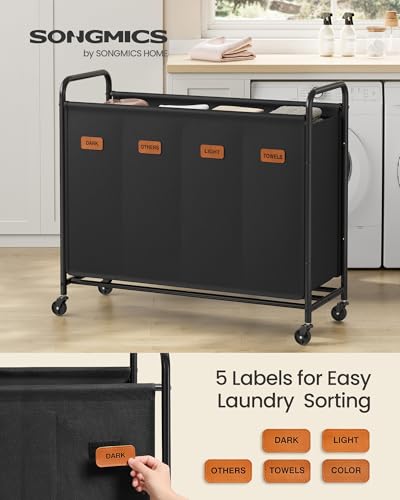 SONGMICS 4-Section Laundry Sorter, Laundry Hamper with Wheels, Rolling Clothes Hamper Cart with Large Capacity and Removable Bags, for Laundry Room, Bedroom, Bathroom, Ink Black URLS460B01 - color: Ink Black, size: 200 L