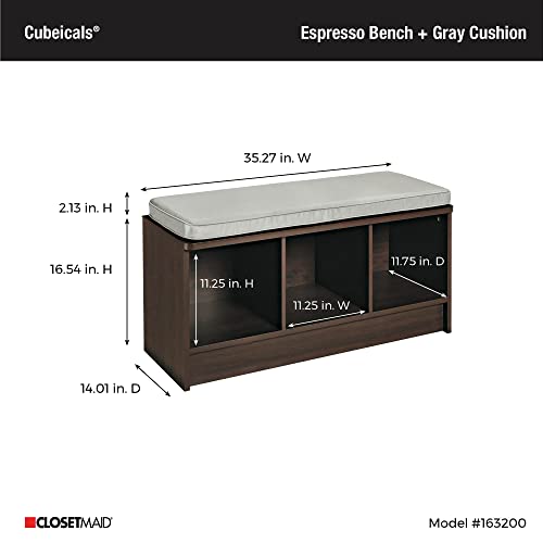 ClosetMaid 1632 Cubeicals 3-Cube Storage Bench, Espresso with Gray Cushion - color: Espresso With Gray Cushion
