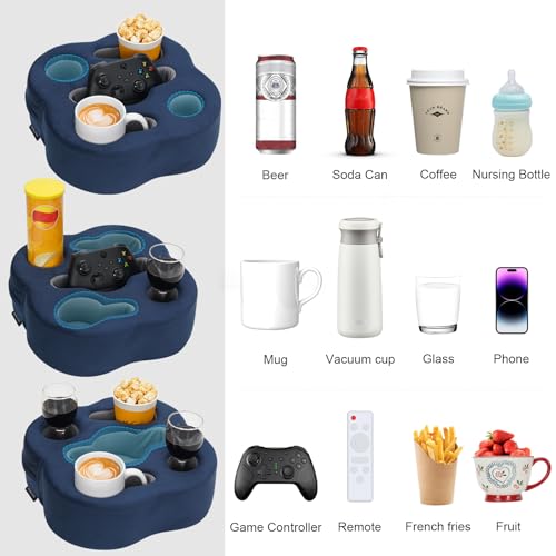 Couch Cup Holder Pillow, Sofa Organizer Caddy Bed Refreshment Tray for Drinks, Remotes, Phones, Snacks (Navy) - color: Navy, size: 12*12*3.7 Inch