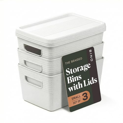 BINO | Plastic Storage Bins with Lids, 5 Liter - 3 Pack, White | THE BRAIDED COLLECTION | Plastic Bins for Organization Woven Storage Baskets for Organizing Pantry Shelf Organizer Basket Container Bin - color: White, size: 5L | 3-Pack