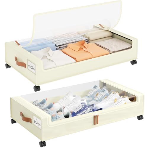 Yecaye Under Bed Storage with Wheels, 2 Pack Under the Bed Storage Containers with Lids & Label, XXL 60L Rolling Underbed Storage Drawers for Clothes, Blankets, Shoes, Beige - color: Beige, size: 2 Pack