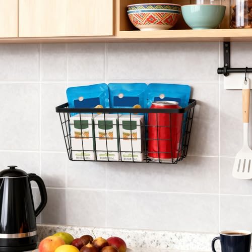 2 Pack Hanging Wall Basket Organizer Over the Cabinet Door Wire Baskets for Organizing -Space-Saving Hanging Baskets for Organizing Wall Mount Storage,No Drilling Adhesive Wall Storage Basket, Black - color: Black-New, size: 2 PACK