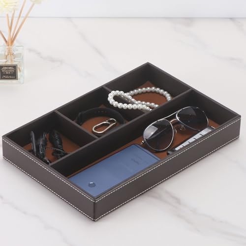 Desktop Storage Organizer, Nightstand or Dresser Organizer, Valet Tray, Entry Table Organizer, Modern bedside Box,PU Leather Drawer Storage Organizer Decorative Trays. - color: brown