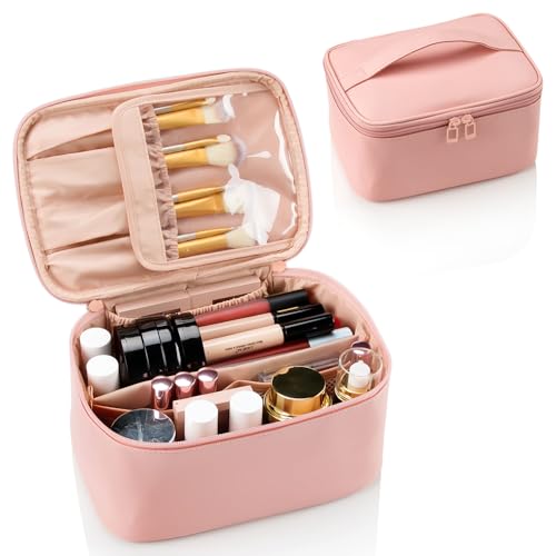 OCHEAL Pink Makeup Bag,Travel Makeup Organizer Bag, Large Capacity Cosmetic Bags For Women Large Travel Toiletry Bag Girls Traveling With Brush Slot And Divider - color: 0021_Pink, size: Medium